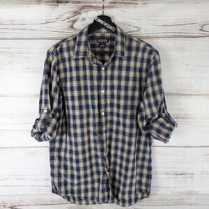 MICHAEL Michael Kors Blue and Tan Plaid Button Down Roll Sleeve Shirt Sz Medium